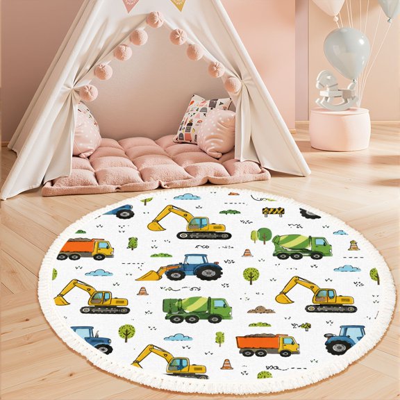 3ft Nursery Rug, Construction Vehicles Machinery Trees Clouds Washable Playroom Educational & Fun with Cars and Toys Non-Slip Children Rugs for Kids Classroom Decor