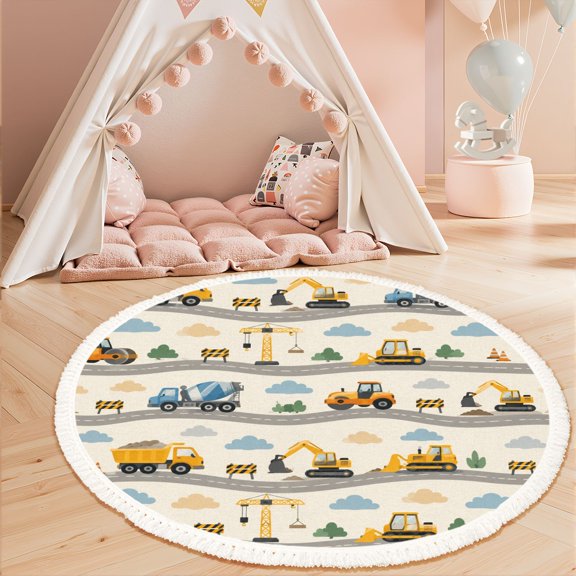 3ft Nursery Rug, Construction Vehicles Tools Roads Clouds Washable Playroom Educational & Fun with Cars and Toys Non-Slip Children Rugs for Kids Classroom Decor