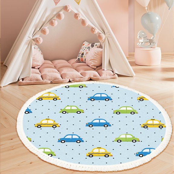 3ft Nursery Rug, Cute Cartoon Car Taxi Polka Dot Washable Playroom Educational & Fun with Cars and Toys Non-Slip Children Rugs for Kids Classroom Decor