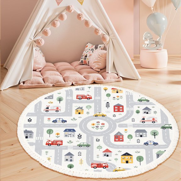 3ft Nursery Rug, Cute Cartoon City Map Roads Cars Colorful Houses Washable Playroom Educational & Fun with Cars and Toys Non-Slip Children Rugs for Kids Classroom Decor