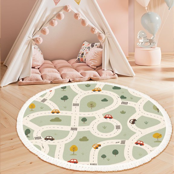3ft Nursery Rug, Playful Cartoon Road Map Cars Trees Green Washable Playroom Educational & Fun with Cars and Toys Non-Slip Children Rugs for Kids Classroom Decor