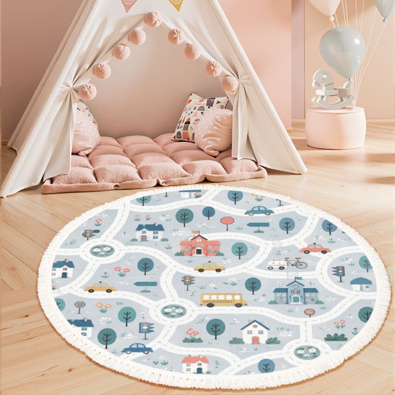 3ft Nursery Rug, Whimsical City Map Roads Cars Houses Trees Washable Playroom Educational & Fun with Cars and Toys Non-Slip Children Rugs for Kids Classroom Decor