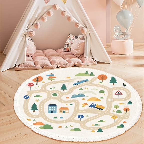 3ft Nursery Rug, Whimsical Illustrated Road Map Cars Trees Traffic Signs Washable Playroom Educational & Fun with Cars and Toys Non-Slip Children Rugs for Kids Classroom Decor