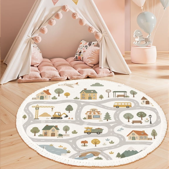 3ft Nursery Rug, Whimsical Illustrated Town Map Roads Houses Washable Playroom Educational & Fun with Cars and Toys Non-Slip Children Rugs for Kids Classroom Decor