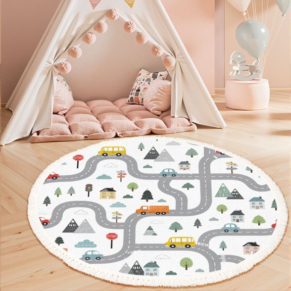 3ft Nursery Rug, Whimsical Road Map Cars Trees Houses Washable Playroom Educational & Fun with Cars and Toys Non-Slip Children Rugs for Kids Classroom Decor