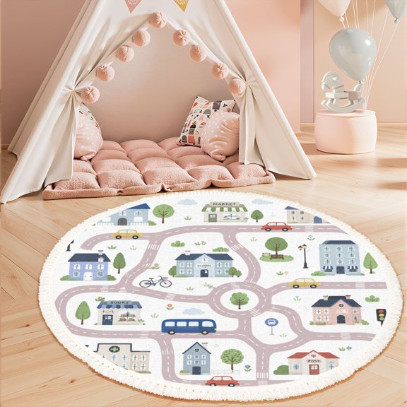 3ft Nursery Rug, Whimsical Town Map Roads Cars Buildings Pastel Colors Washable Playroom Educational & Fun with Cars and Toys Non-Slip Children Rugs for Kids Classroom Decor