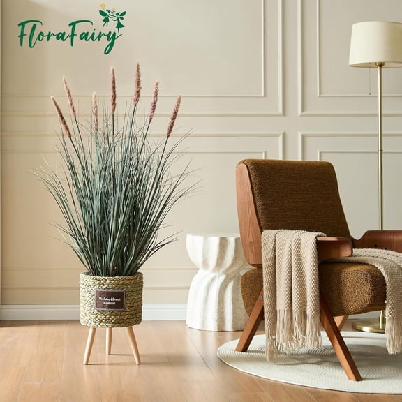 3ft Onion Grass, Artificial Plant and Greenery, Fake Floor Plants Indoor Outdoor, Faux Horsetail Reed Grass with 7 Pink Flower Crowns, Potted, House Decorative