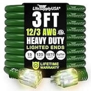 3ft Outdoor/Indoor Extension Cord 12/3 Gauge Extra Heavy Duty 3 Prong SJTW, Waterproof, ETL Listed, Flexible Cold-Resistant Long Power Cord,15A 125V 1875W, Green by LifeSupplyUSA