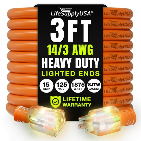 3ft Outdoor/Indoor Extension Cord 14/3 Gauge Heavy Duty 3 Prong SJTW, Waterproof, Flexible Cold-Resistant Long Power Cord,125 Amp 1875W, Orange by LifeSupplyUSA