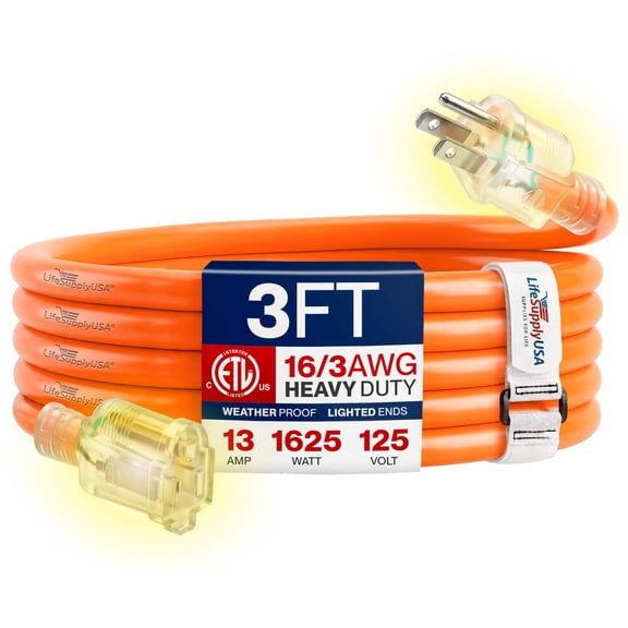 3ft Outdoor/Indoor Extension Cord 16/3 Gauge Heavy Duty 3 Prong SJTW, Waterproof, ETL Listed, Flexible Cold-Resistant Long Power Cord,13A 125V 1625W, Orange by LifeSupplyUSA