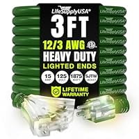 3ft Outdoor/Indoor Extension Cord 3-Outlet 12/3 Gauge Extra Heavy Duty ETL Listed, 3 Prong SJTW, Waterproof, Flexible Cold-Resistant Long Power Cord,15A 125V 1875W, Green by LifeSupplyUSA