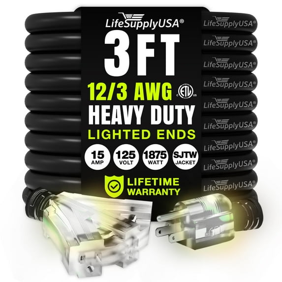 3ft Outdoor/Indoor Extension Cord 3-Outlet 12/3 Gauge Extra Heavy Duty ETL Listed, 3 Prong SJTW, Waterproof, Flexible Cold-Resistant Long Power Cord,125 Amp 1875W, Black by LifeSupplyUSA