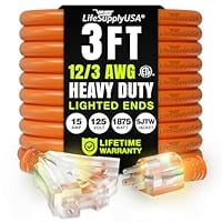3ft Outdoor/Indoor Extension Cord 3-Outlet 12/3 Gauge Extra Heavy Duty ETL Listed, 3 Prong SJTW, Waterproof, Flexible Cold-Resistant Long Power Cord,125 Amp 1875W, Orange by LifeSupplyUSA