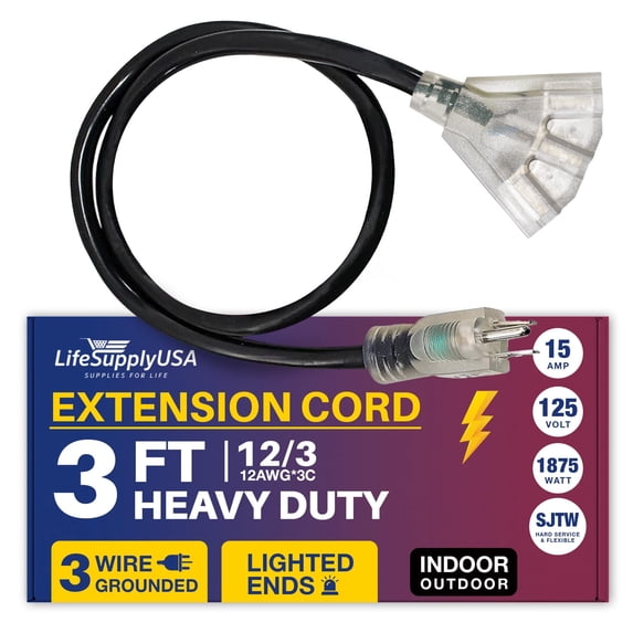 LifeSupplyUSA Indoor/Outdoor Extension Cord Power Cable, 3ft SJTW 12 Gauge, 15 Amp 125V 1875W, 3-Prong 3-Outlet, Black, (1 Count)