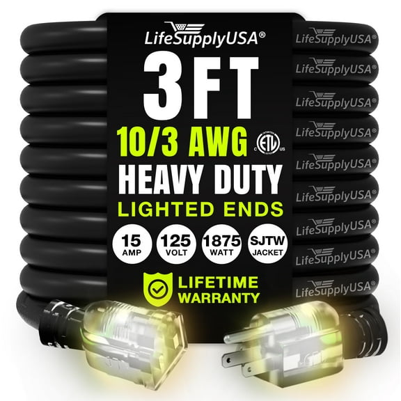 3ft Outdoor/Indoor Extension Cord 10/3 Gauge Ultra Heavy Duty 3 Prong SJTW, Waterproof, ETL Listed, Flexible Cold-Resistant Long Power Cord,125 Amp 1875W, Black by LifeSupplyUSA