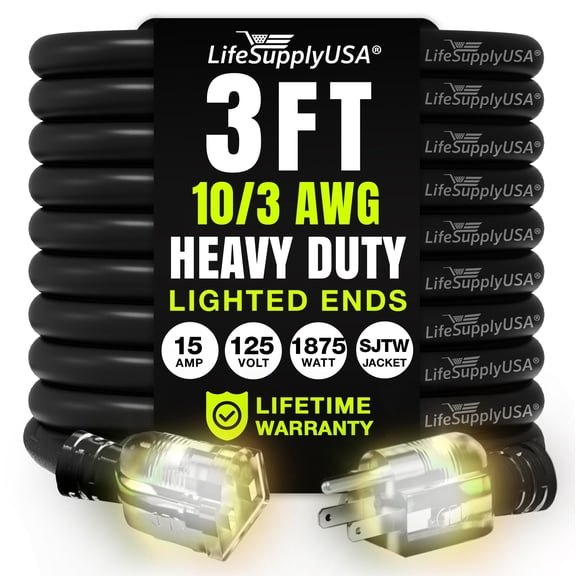 3ft Outdoor/Indoor Extension Cord 10/3 Gauge Ultra Heavy Duty 3 Prong SJTW, Waterproof, Flexible Cold-Resistant Long Power Cord,125 Amp 1875W, Black by LifeSupplyUSA