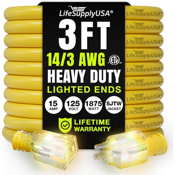 3ft Outdoor/Indoor Extension Cord 14/3 Gauge Heavy Duty 3 Prong SJTW, Waterproof, ETL Listed, Flexible Cold-Resistant Long Power Cord,125 Amp 1875W, Yellow by LifeSupplyUSA