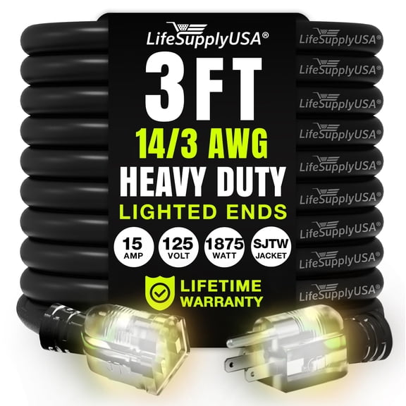 3ft Power Outdoor Extension Cord & Indoor - Waterproof Electric Drop Cord Cable - 3 Prong SJTW, 14 Gauge, 15 AMP, 125 Volts, 1875 Watts, 14/3 by LifeSupplyUSA - Black (1 Pack)