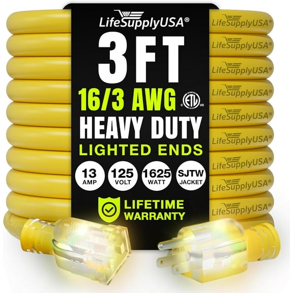 3ft Outdoor/Indoor Extension Cord 16/3 Gauge Heavy Duty 3 Prong SJTW, Waterproof, ETL Listed, Flexible Cold-Resistant Long Power Cord,125 Amp 1625W, Yellow by LifeSupplyUSA