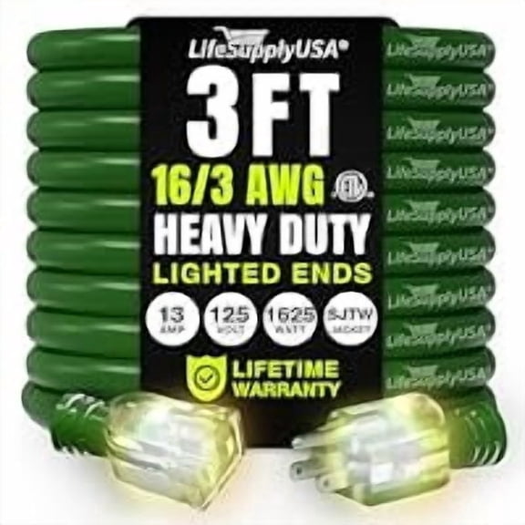 3ft Outdoor/Indoor Extension Cord 16/3 Gauge Heavy Duty 3 Prong SJTW, Waterproof, ETL Listed, Flexible Cold-Resistant Long Power Cord,13A 125V 1625W, Green by LifeSupplyUSA