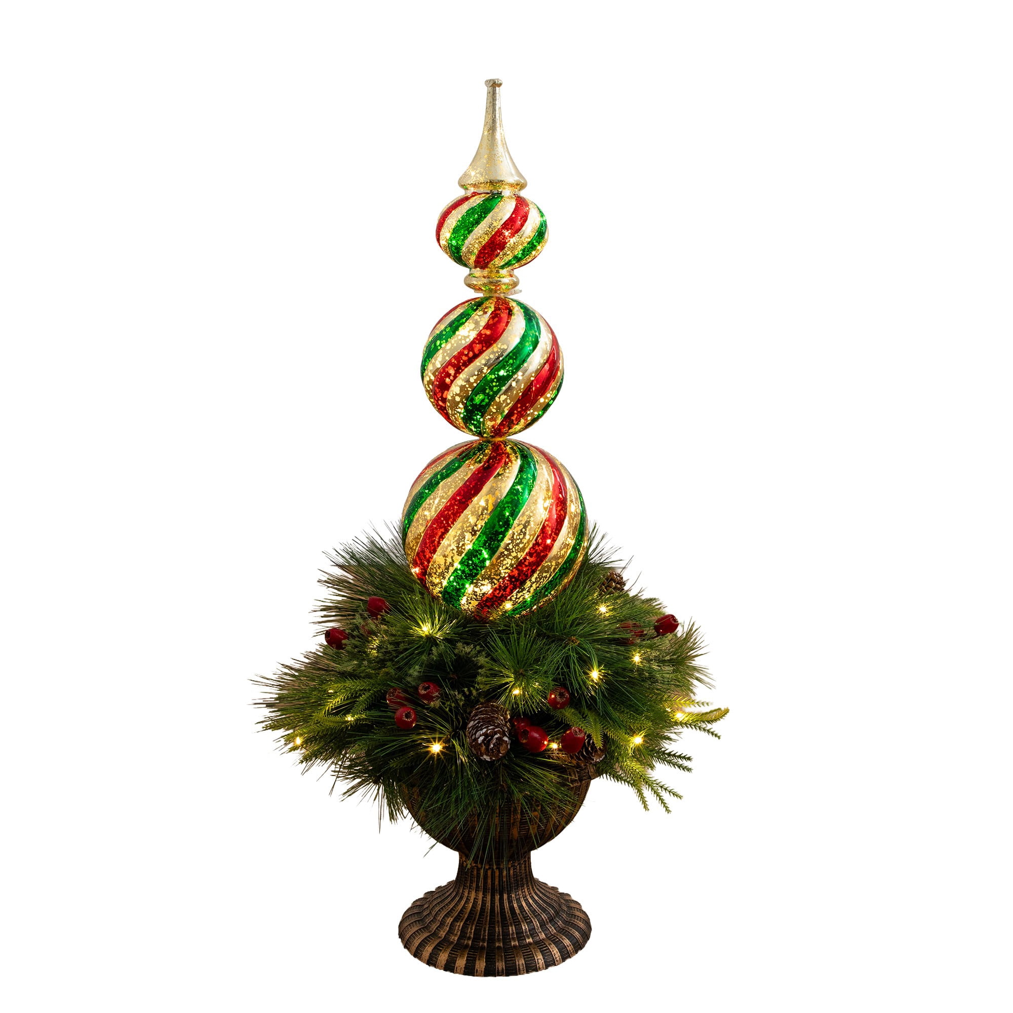 3ft. Pre-Lit Artificial Christmas Finial Ornament and Mixed Pine Topiary Tree with Berries & Pinecones and 70 LED Lights in Decorative Urn