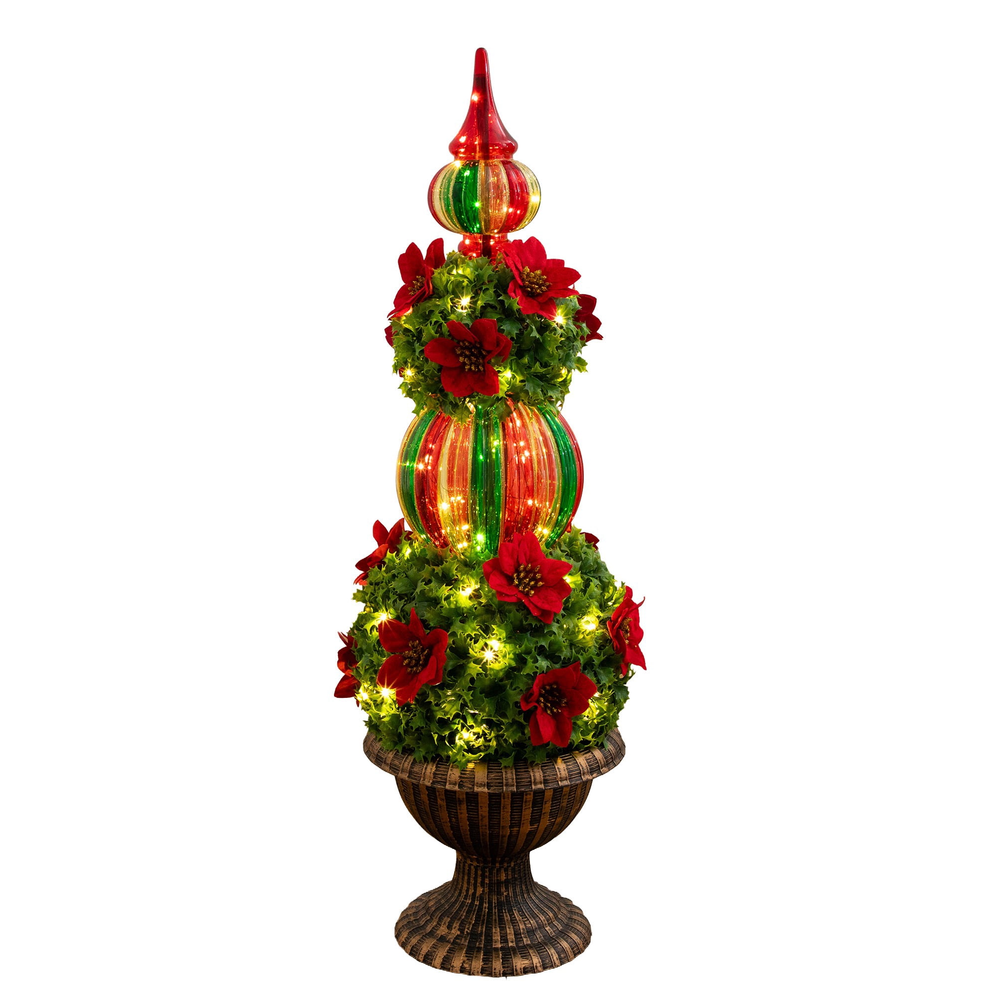 3ft. Pre-Lit Artificial Christmas Ornament Holly Berry Topiary Tree with Poinsettias and 70 LED Lights in Decorative Urn