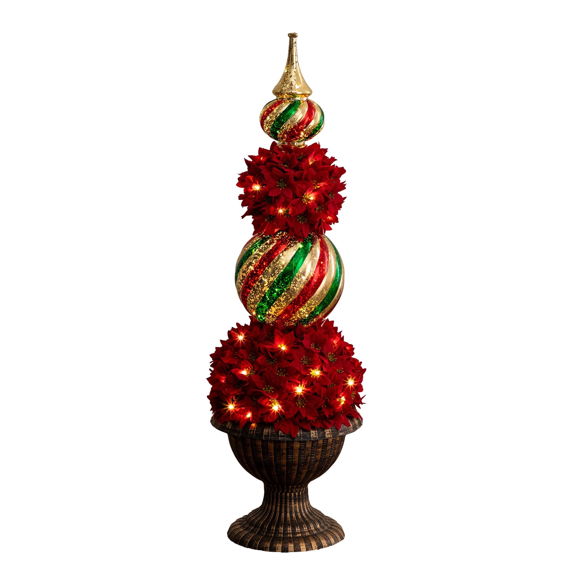 3ft. Pre-Lit Artificial Christmas Poinsettia Topiary Tree with Finial Ornament and 70 LED Lights in Decorative Urn