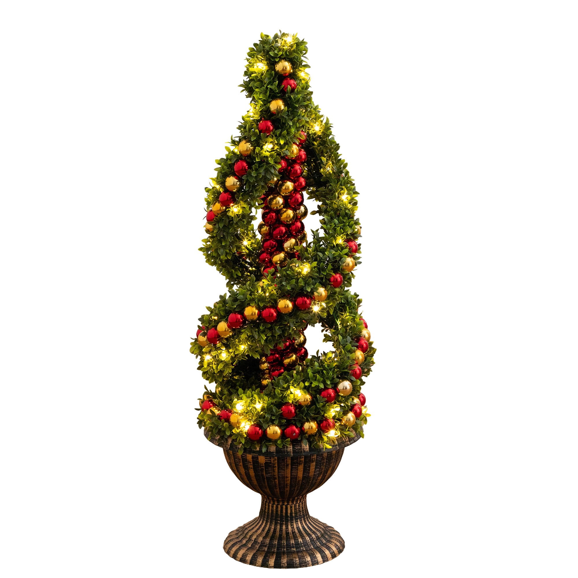 3ft. Pre-Lit Artificial Christmas Spiral Boxwood Topiary Tree with Ornaments and 70 LED Lights in Decorative Urn