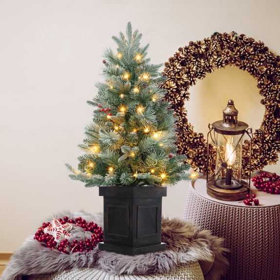 3ft Pre-Lit Artificial Christmas Tree, 78 Warm White LED Lights, Battery Powered with Timer, Includes Brown Base, Festive Holiday Decoration for Home