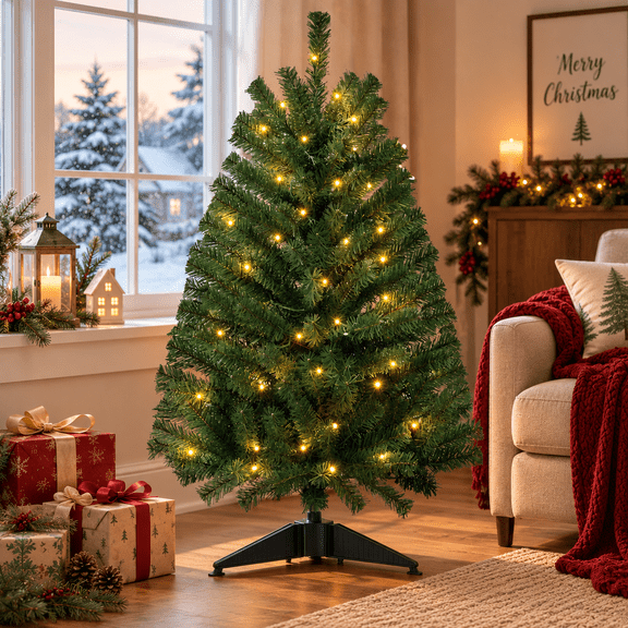 Goosiay 3ft Pre-Lit Christmas Tree with Warm White LED Lights, Small Green Xmas Tree for Indoor Living Room, Bedroom Holiday Decor