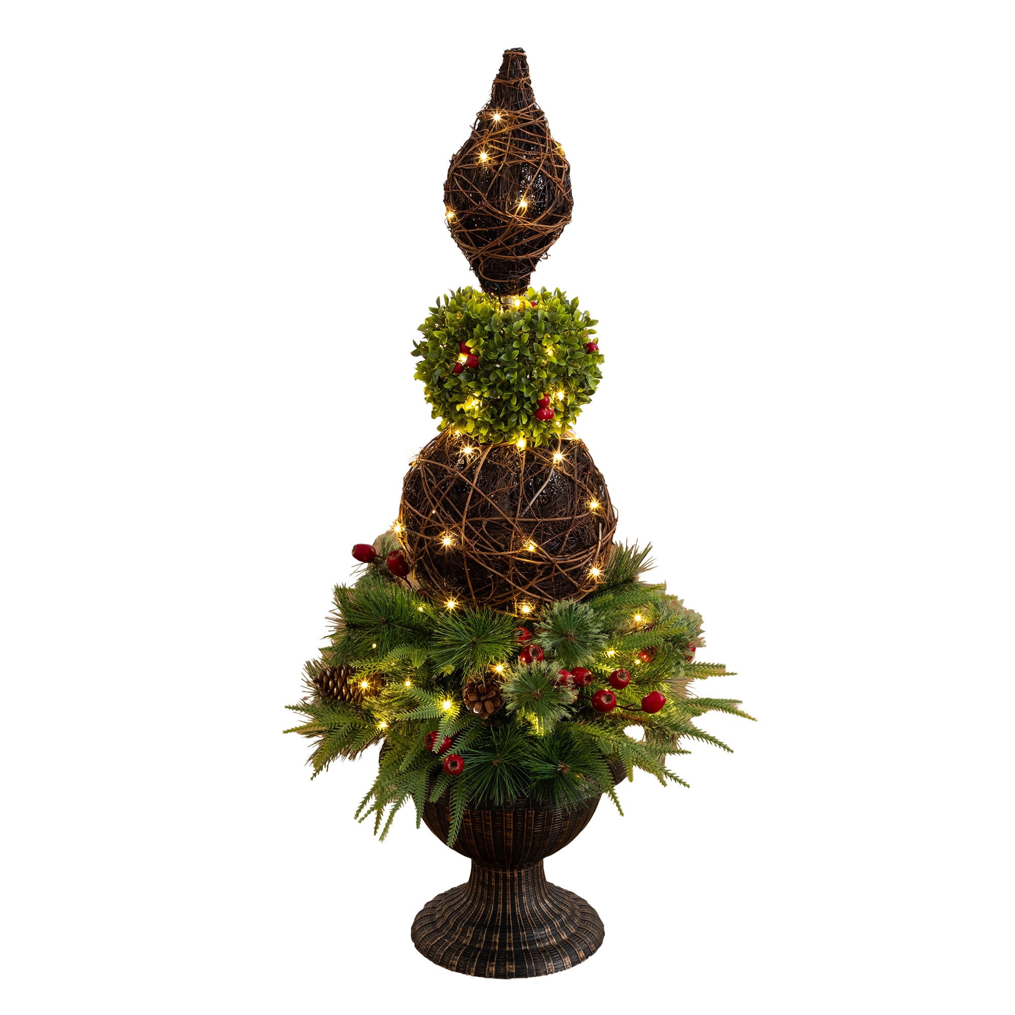 3ft. Pre-Lit Artificial Finial Boxwood Ornament Mixed Pine Topiary Christmas Tree with 70 LED Lights in Decorative Urn