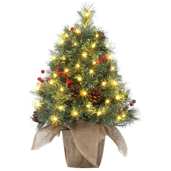 3ft Pre-Lit Artificial Mini Christmas Tree with Vintage Potted Base, Christmas Tree with Flocked Snow 78 White Led Lights and Red Berries, Holiday Decor for Home, Entrances, Bedroom