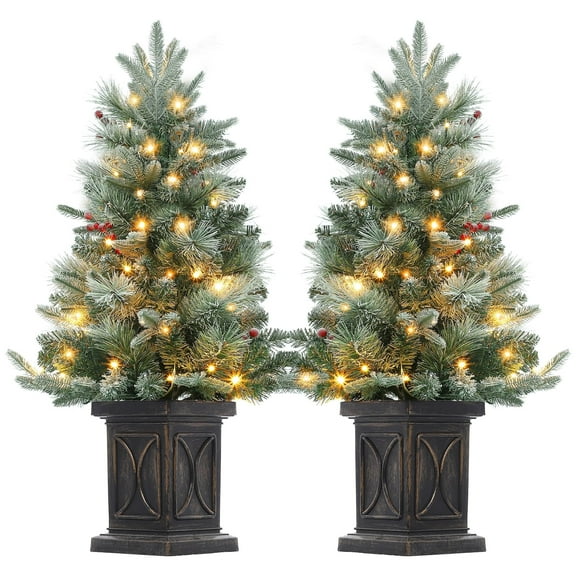 3ft Pre-Lit Christmas Tree, 1 Pack/2 Pack Mini Potted Snow Flocked Tabletop Artificial Xmas Tree with Light Box, 78 Warm White LED Lights for Home Party Decor