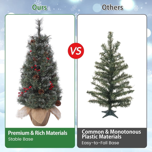 3ft Pre-Lit Frost Blossom Christmas Tree with 78 Warm White LEDs, Red Berries & Pine Cones - Burlap Sack Base Battery-Operated Tabletop Xmas Tree for Fireplace, Porch, Front Door