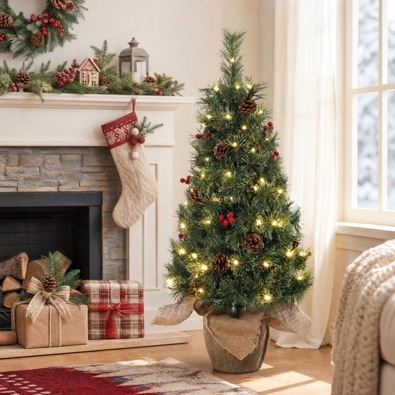 3ft Pre-Lit Mini Artificial Christmas Tree, Snow-Flocked Tabletop Xmas Tree with 78 Warm White LED Lights & Berries, for Home Office Holiday Decor