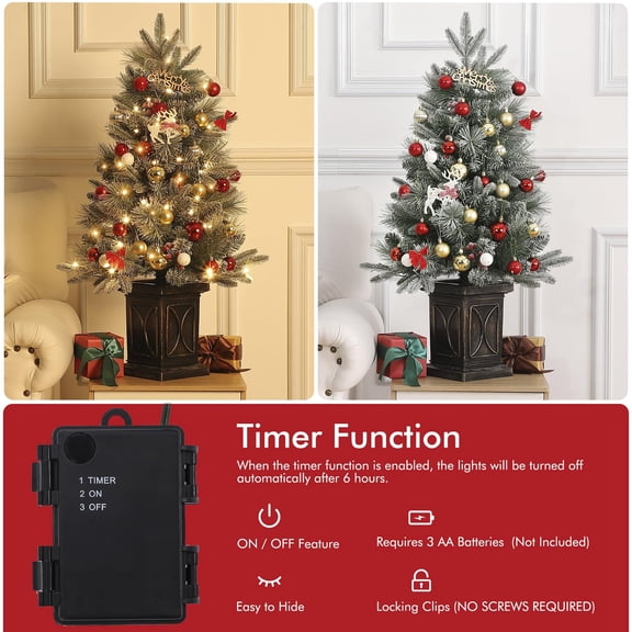 3ft Pre-Lit Mini Christmas Tree with 78 Warm White LEDs, Snow Flocked Artificial Tabletop Xmas Tree with Red Berries, Pine Cones & Burlap Base – 8 Modes Timer, Battery Operated Holiday Decor