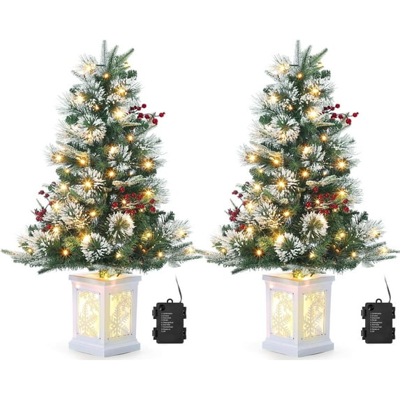 3ft Pre-Lit Potted Christmas Tree - Frost Bloom Design, 78 Warm White LED Lights, 8 Modes, Snowman Light Box, Set of 2