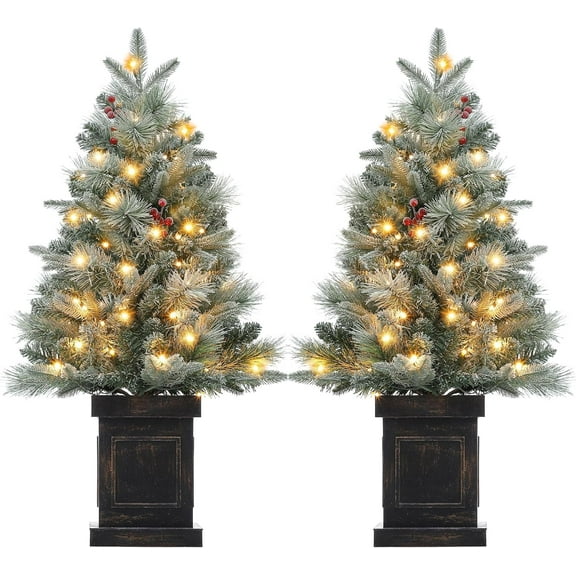 3ft Pre-Lit Potted Christmas Tree - Frost Bloom Design, 78 Warm White LED Lights, 8 Modes, Square Patterned Base, Set of 2