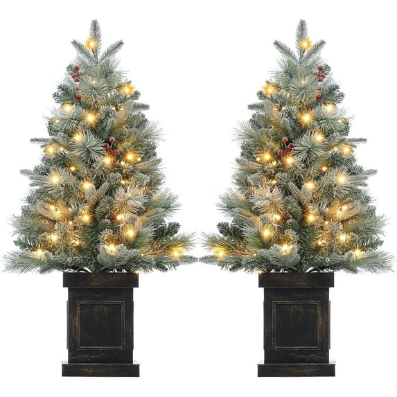 3ft Pre-Lit Potted Christmas Tree - Frost Bloom Design, 78 Warm White LED Lights, 8 Modes, Square Patterned Base, Set of 2