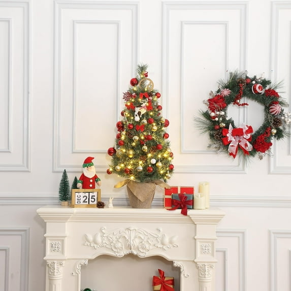 3ft Pre-Lit Small Artificial Mini Christmas Tree, Christmas Tree Prelit with Vintage Potted Base, Flocked Snow 78 White Led Lights & Red Berries, Home Decor Indoor for Bedroom, Fireplace