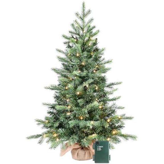 3ft Pre-lit Small Christmas Tree Artificial Nordic Spruce Mini Table Top Christmas Tree with 70 LED Lights 315 PE & PVC Mixed Branches Tips Burlap Wrapped Base Xmas Tree for Home Office Decor