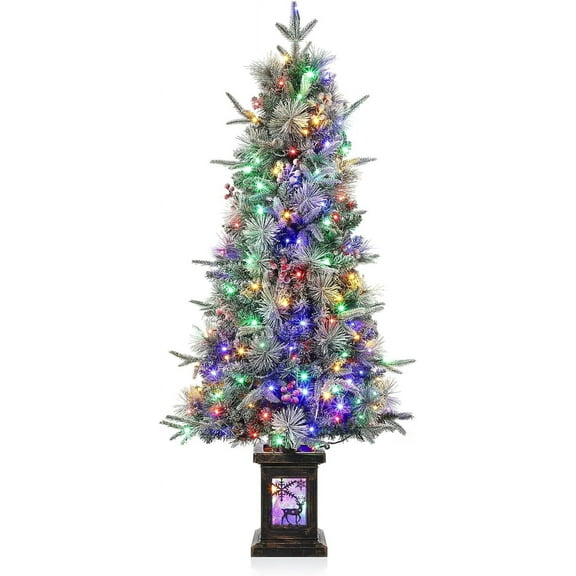 3ft Prelit Artificial Christmas Trees with 150 Warm Lights , Artificial Potted Xmas Tree with 8 Lighting Modes, Elk Base, Holiday Decor, Set of 1