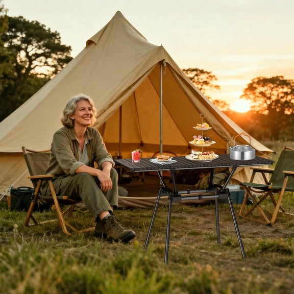 3ft Roll Up Camping Table Max 27.5", 4 Adjustable Heights Aluminum Camping Table Foldable Waterproof with Carrying Bag, Lightweight, for Garden Picnic Outdoor Travel Beach, 35 X 16, Black