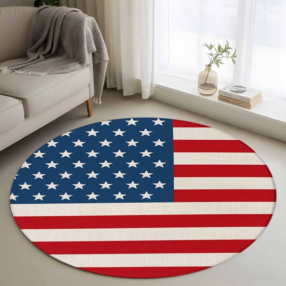 3ft Round Rug, 4th of July Non-Skid Rubber Backing Large Area Rugs - Living Room Bedroom Home Office, Red Stripes Independence Day Indoor Floor Mat Carpets Washable Rug