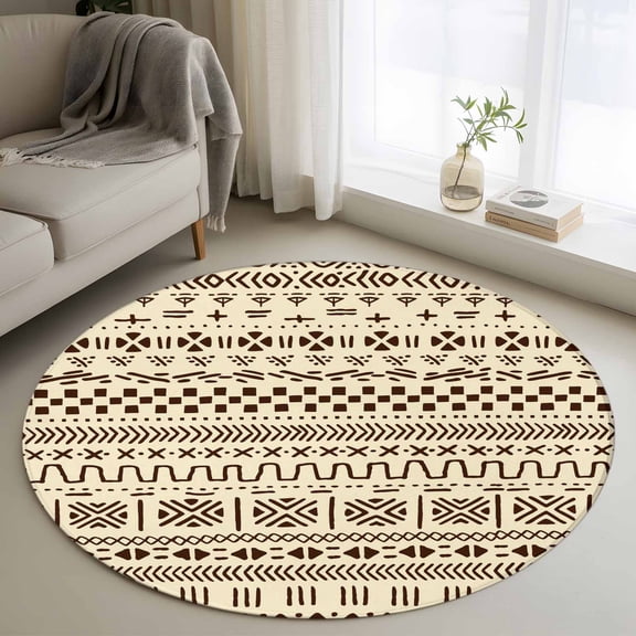 3ft Round Rug, Abstract Boho Non-Skid Rubber Backing Large Area Rugs - Living Room Bedroom Home Office, Modern African Ethnic Geometric Beige Indoor Floor Mat Carpets Washable Rug