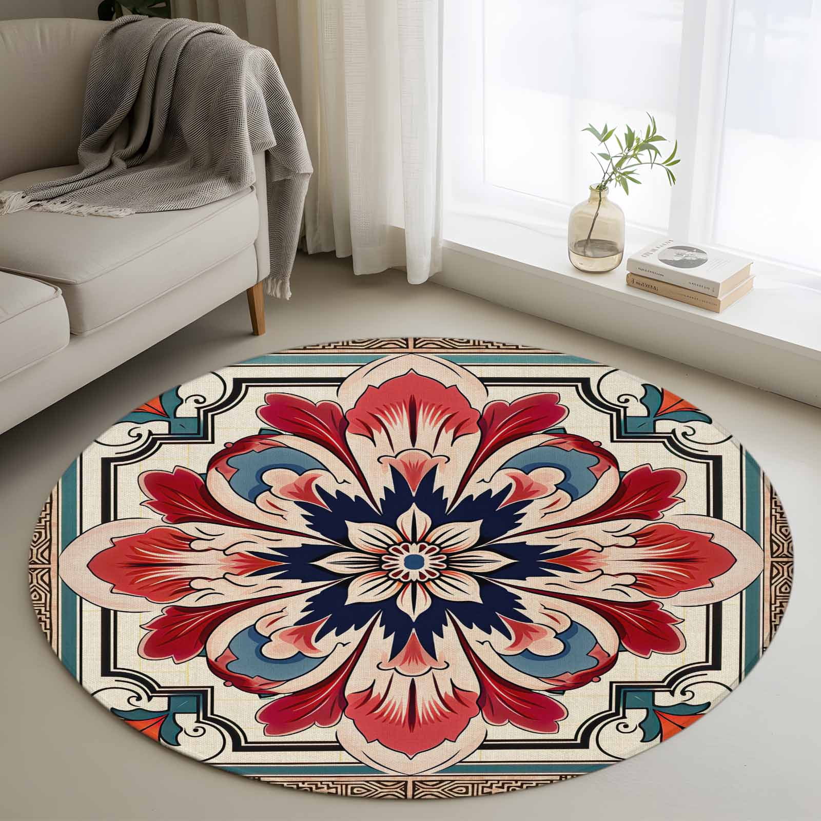 3ft Round Rug, Abstract Flower, Non-Skid Rubber Backing Large Area Rugs ...