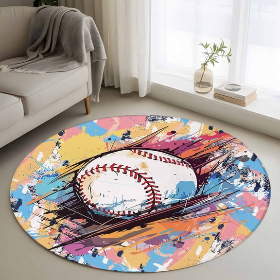3ft Round Rug, Baseball Sports, Non-Skid Rubber Backing Large Area Rugs - Living Room Bedroom Home Office, Minimalist Geometric Smear Art Indoor Floor Mat Carpets Washable Rug