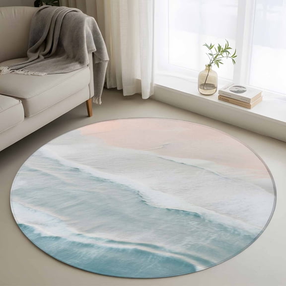 3ft Round Rug, Beach Blue Non-Skid Rubber Backing Large Area Rugs - Living Room Bedroom Home Office, Gradient Ocean Waves Seashore Sunset Indoor Floor Mat Carpets Washable Rug