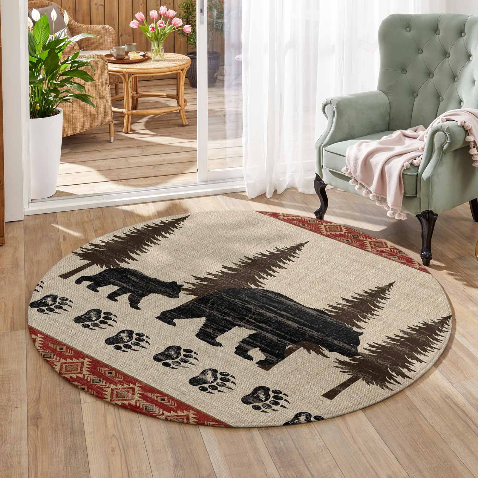 Round Tree Ring Rug 3ft Round Rug for Bedroom Black Bear Washable Non-Slip Rug Rustic Paw ...