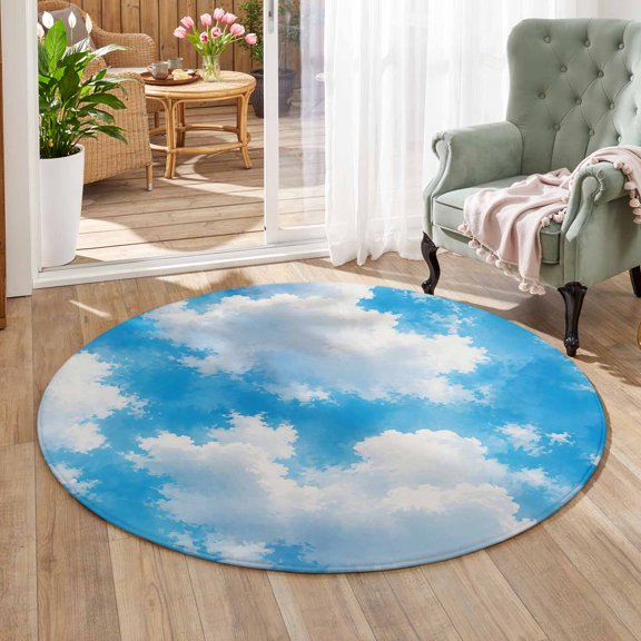 3ft Round Rug for Bedroom White Clouds Washable Non-Slip Rug Modern Minimalist Blue Cumulus Cloud Sky Circle Carpet for Entryway Entrance Bathroom Home Office